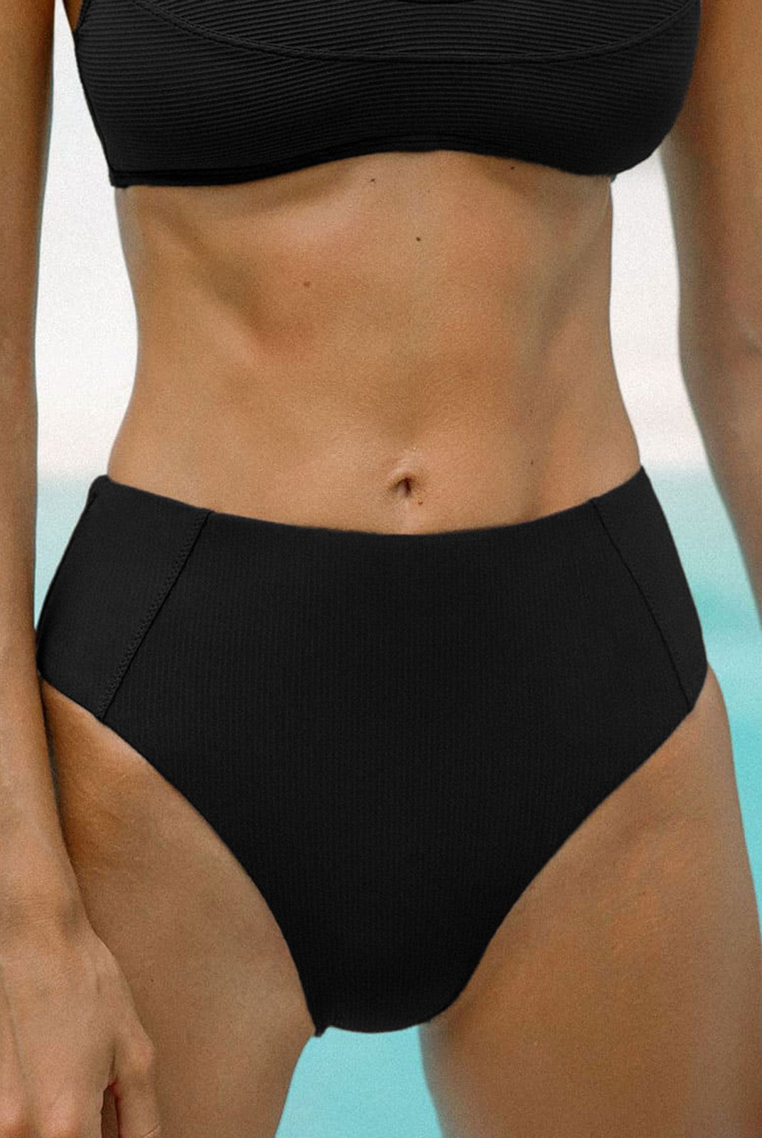 Black Ribbed Seam Full Coverage Bikini Bottom - Bikini Bottoms - BERLOOK