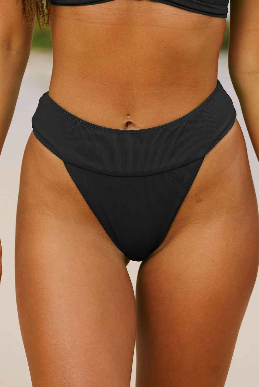 Black Ribbed High Cut Wide Waistband Bikini Bottom - Bikini Bottoms - BERLOOK
