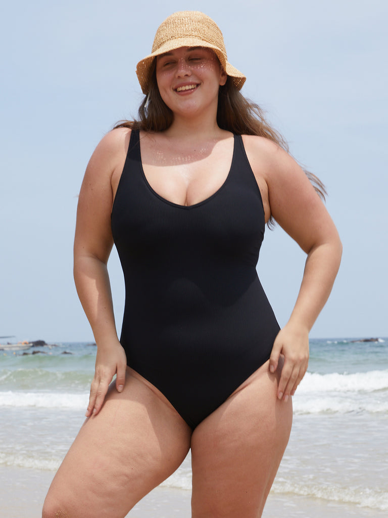 Black Cross Back Plus Size One-Piece Swimsuit Black Sustainable Plus Size One-Pieces - BERLOOK