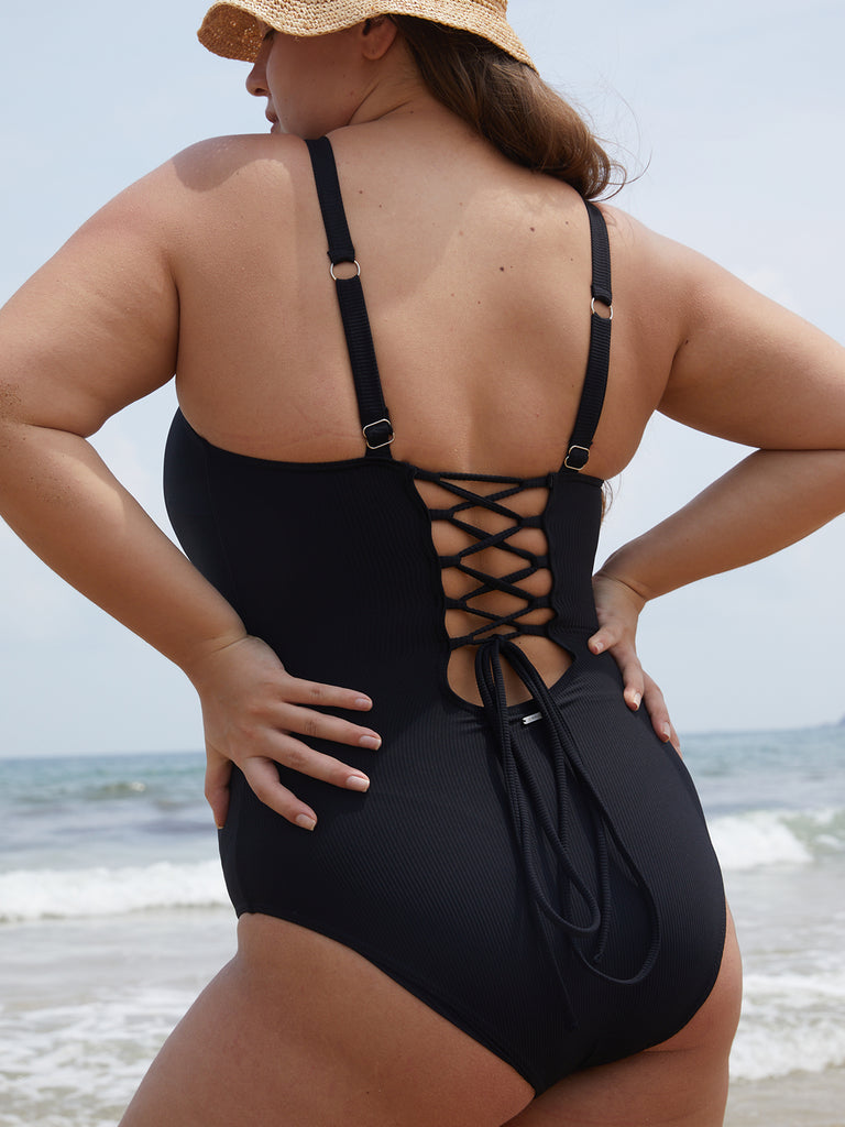 Black Cross Back Plus Size One-Piece Swimsuit Sustainable Plus Size One-Pieces - BERLOOK