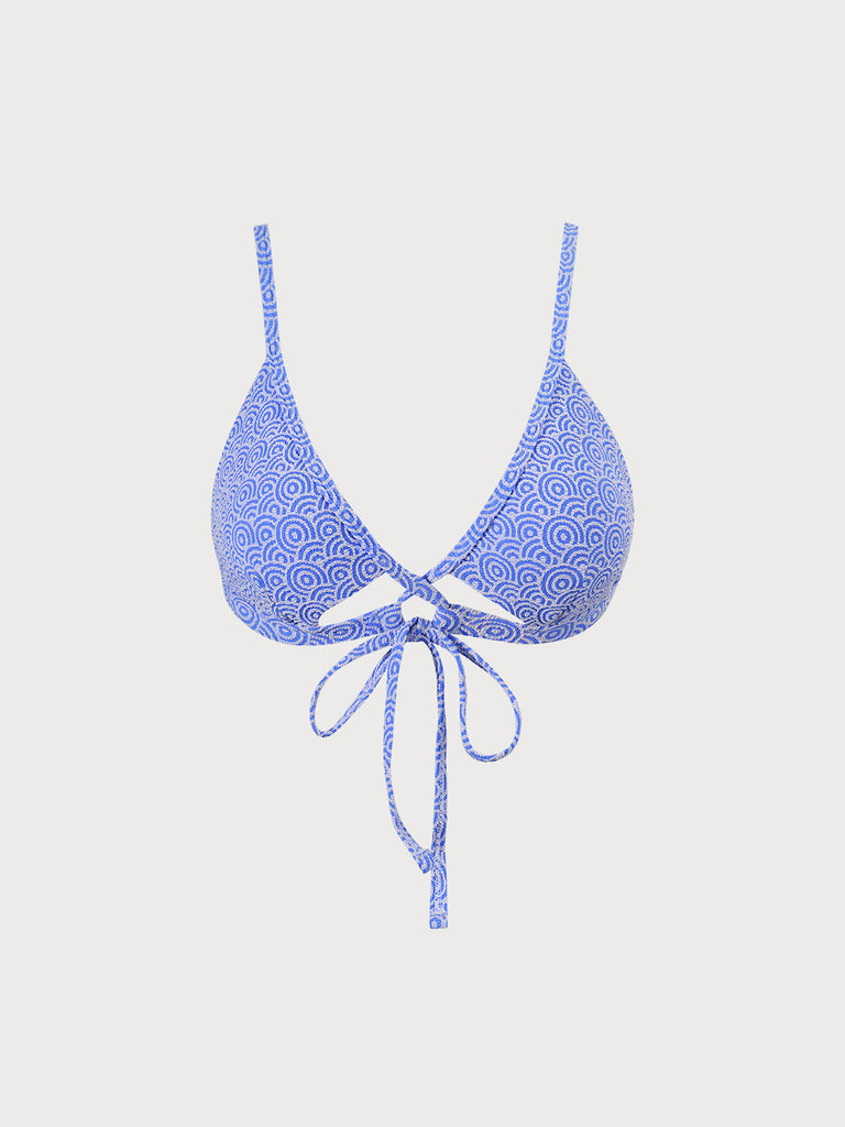 Blue Jacquard Tie Front Bikini Top Blue Sustainable Bikinis - BERLOOK