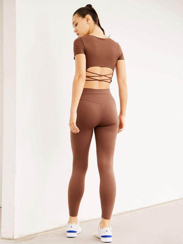 Brown Middle Waisted Leggings 25” Sustainable Yoga Bottoms - BERLOOK