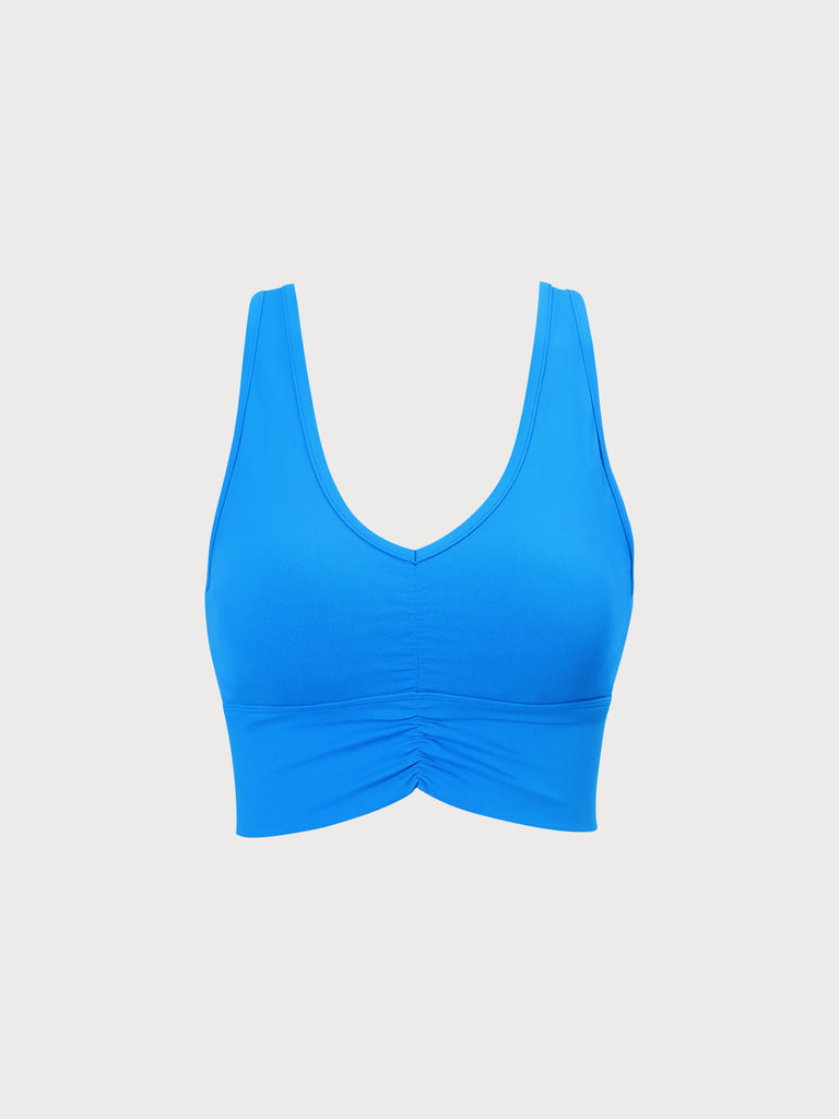 Navy Ruched Sports Bra Navy Sustainable Yoga Tops - BERLOOK