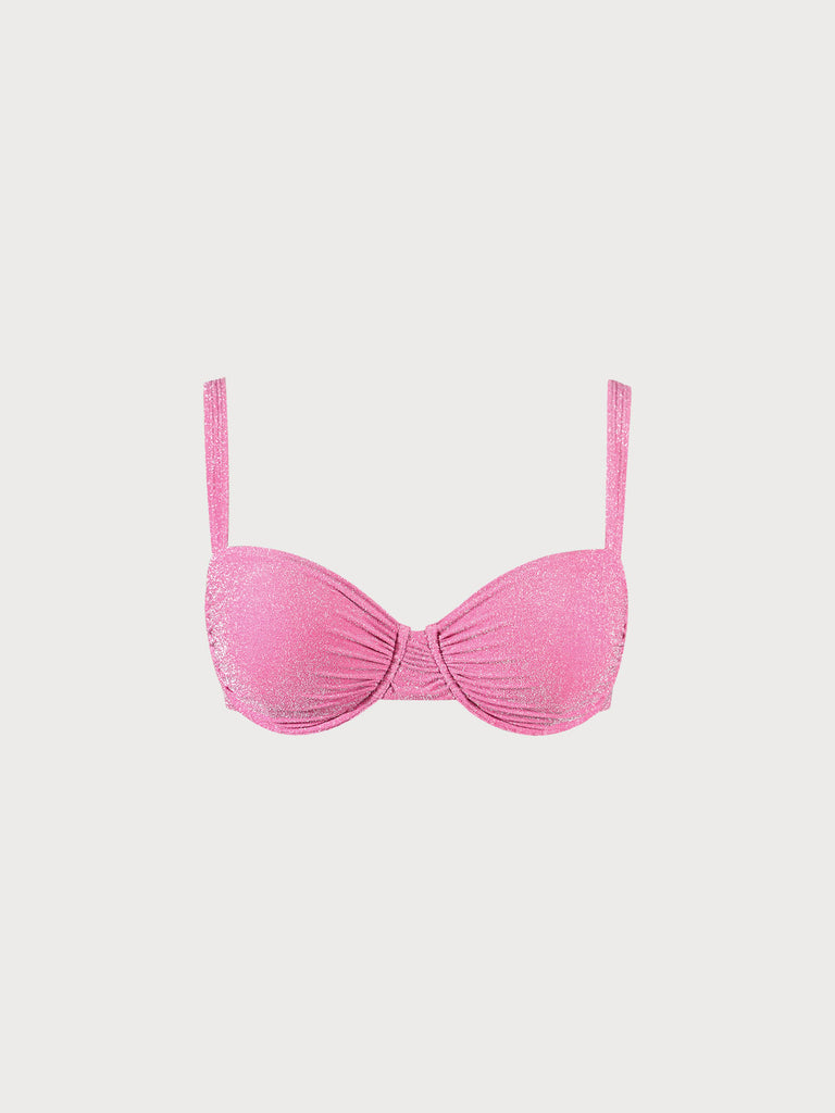 Pink Lurex Ruched Underwire Plus Size Bikini Top Pink Sustainable Plus Size Bikinis - BERLOOK