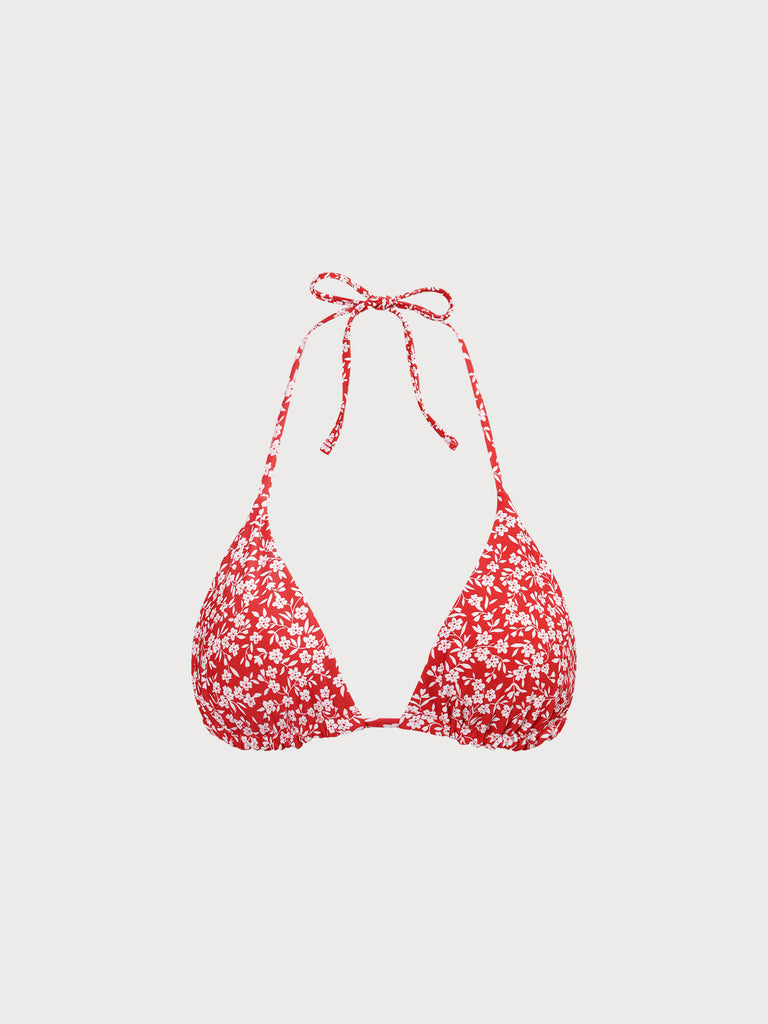 Red Reversible Floral Halter Bikini Top Red Sustainable Bikinis - BERLOOK