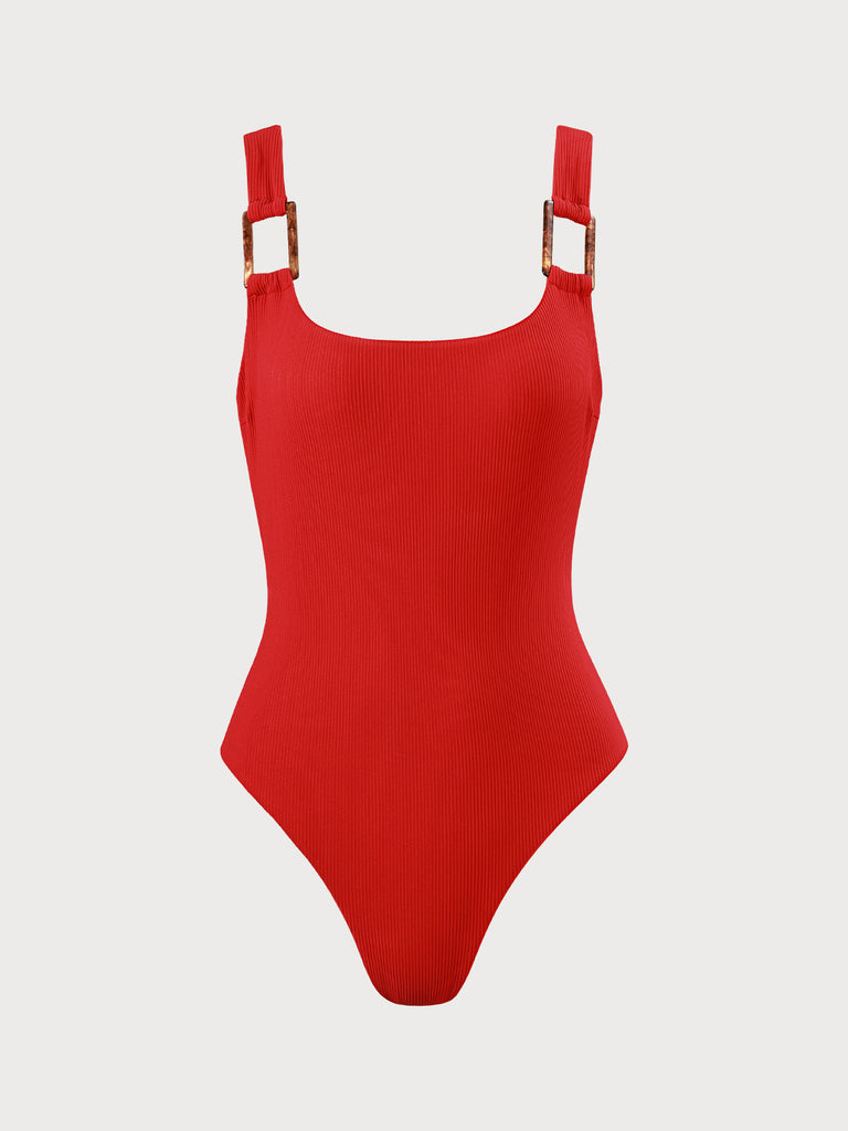 Ribbed Backless One-Piece Swimsuit Red Sustainable One-Pieces - BERLOOK