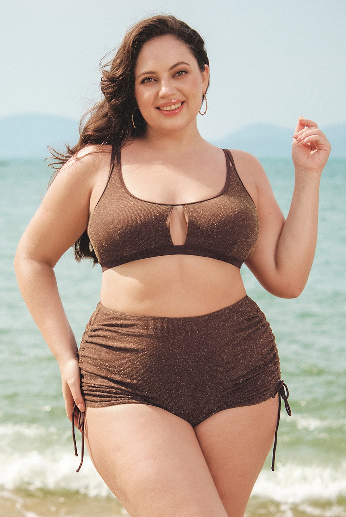 Women Knitted Nylon Bikini Tops Dark Coffee Sustainable Plus Size Bikinis - BERLOOK
