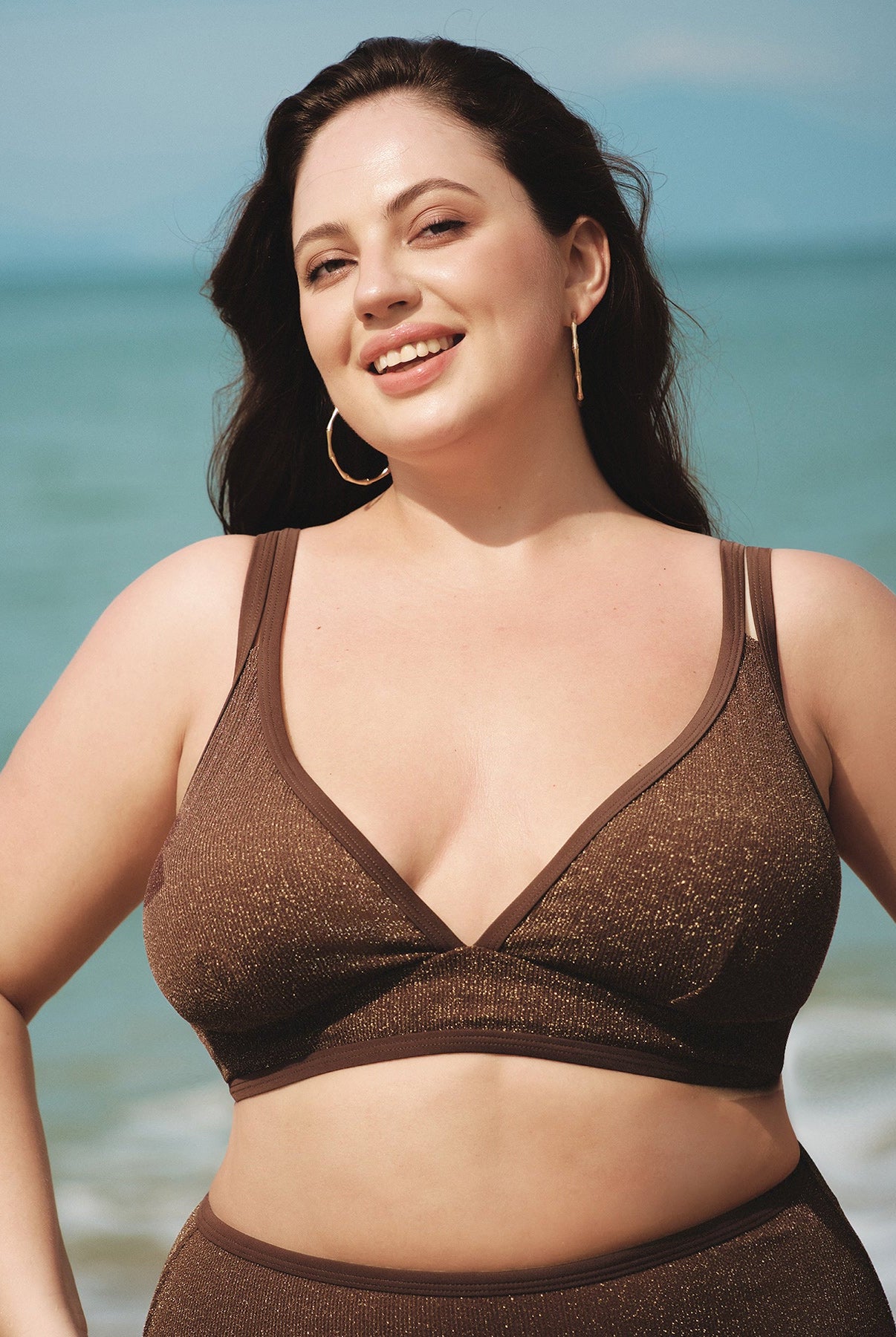 Women Knitted Nylon Bikini Tops Dark Coffee Sustainable Plus Size Bikinis - BERLOOK