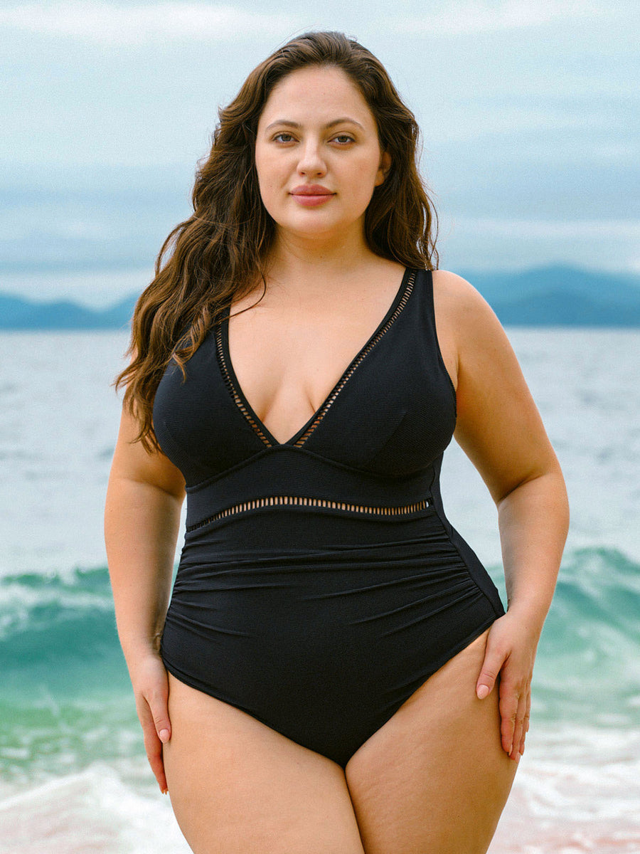 Plus Size Ruched Surplice Neck One-Piece Swimsuit