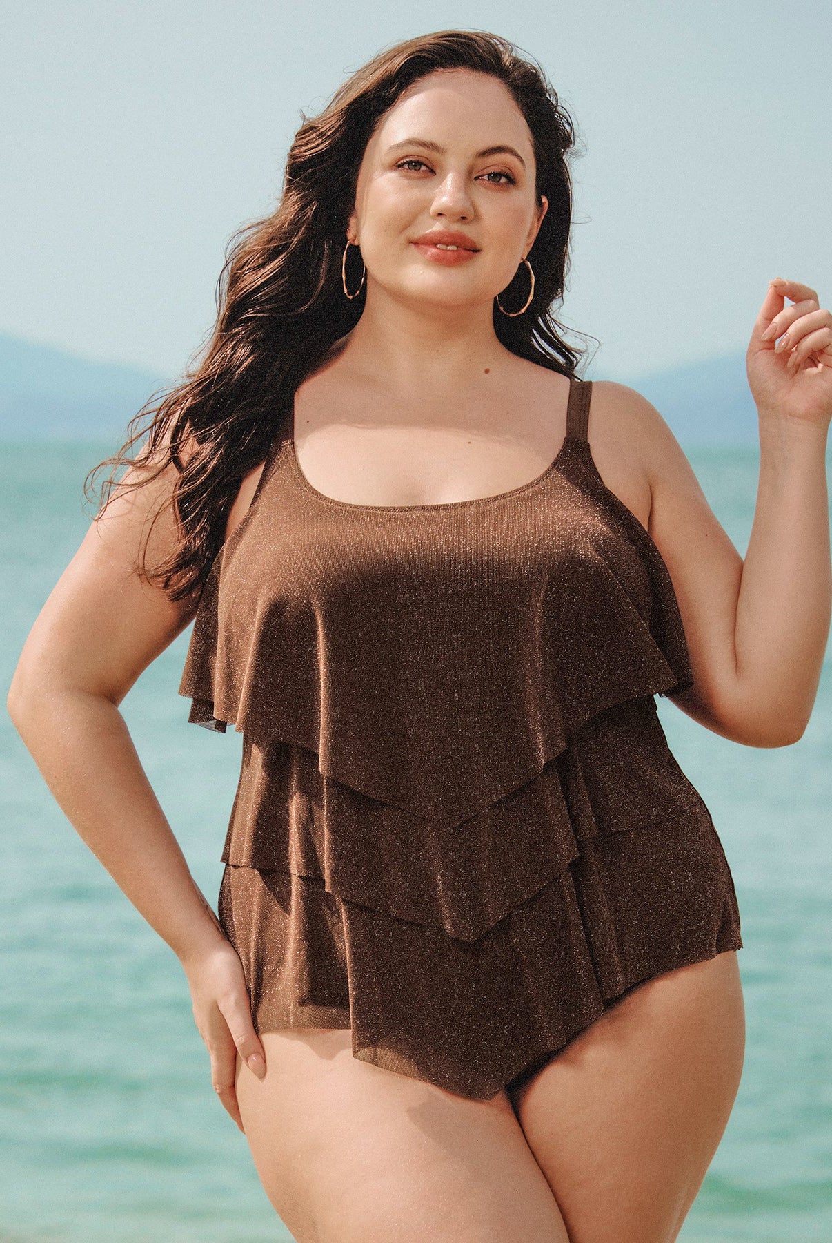 Women Knitted Nylon Tankini Tops Dark Coffee Sustainable Plus Size Tankinis - BERLOOK