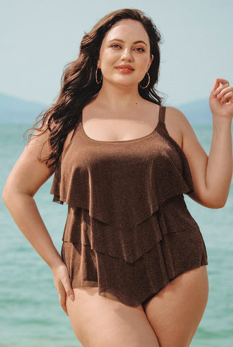 Women Knitted Nylon Tankini Tops Dark Coffee Sustainable Plus Size Tankinis - BERLOOK