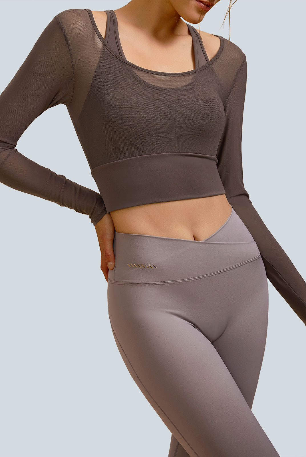 Women Knitted Nylon Yoga Long Sleeve Tops Coffee Sustainable Yoga Tops - BERLOOK