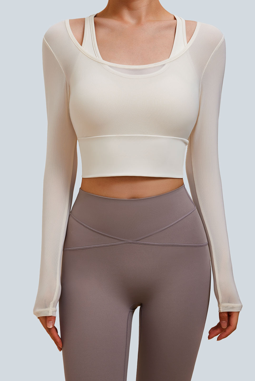 Women Knitted Nylon Yoga Long Sleeve Tops Off White Sustainable Yoga Tops - BERLOOK