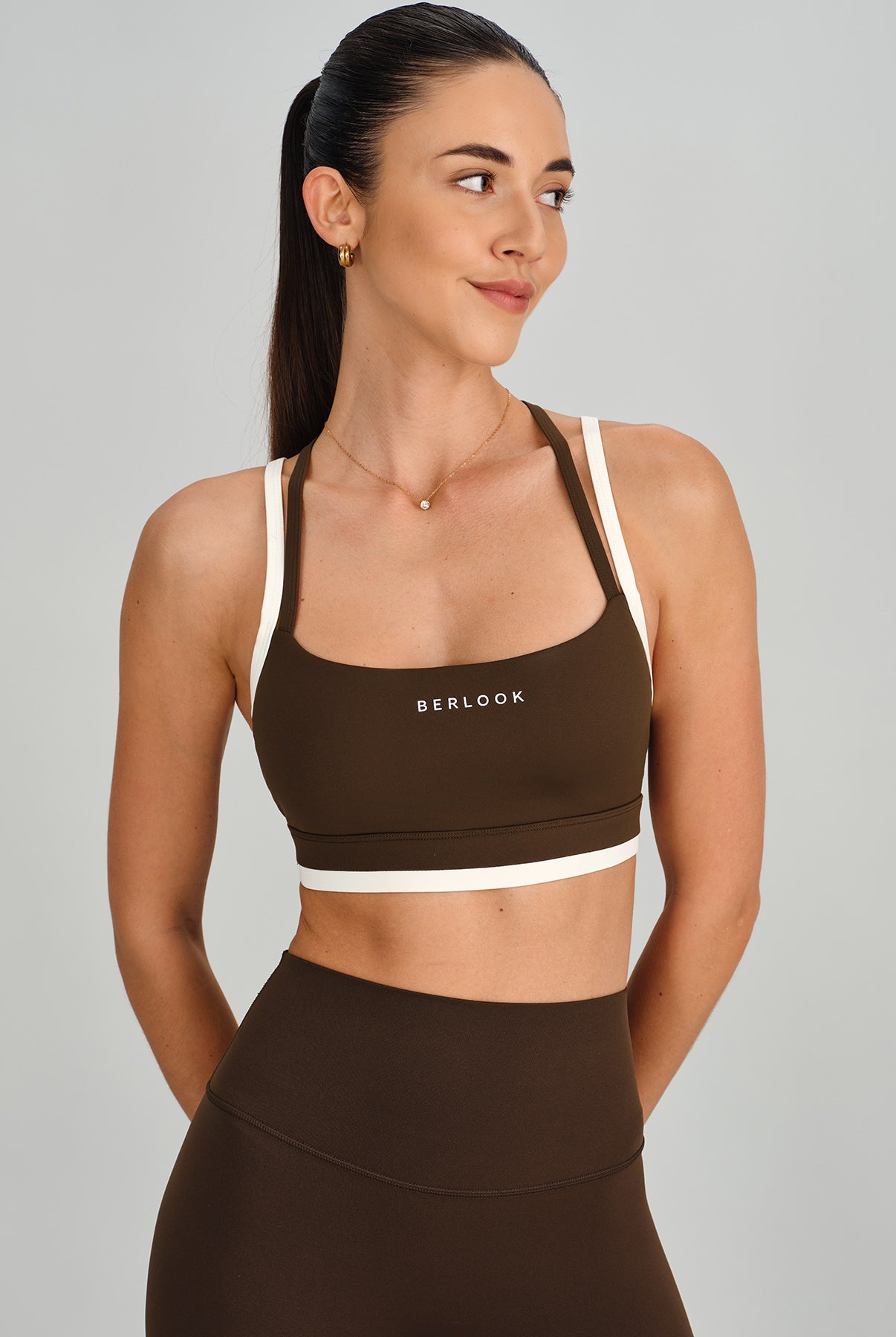 Women's Knitted Nylon Sports Bra Coffee Sustainable Yoga Tops - BERLOOK