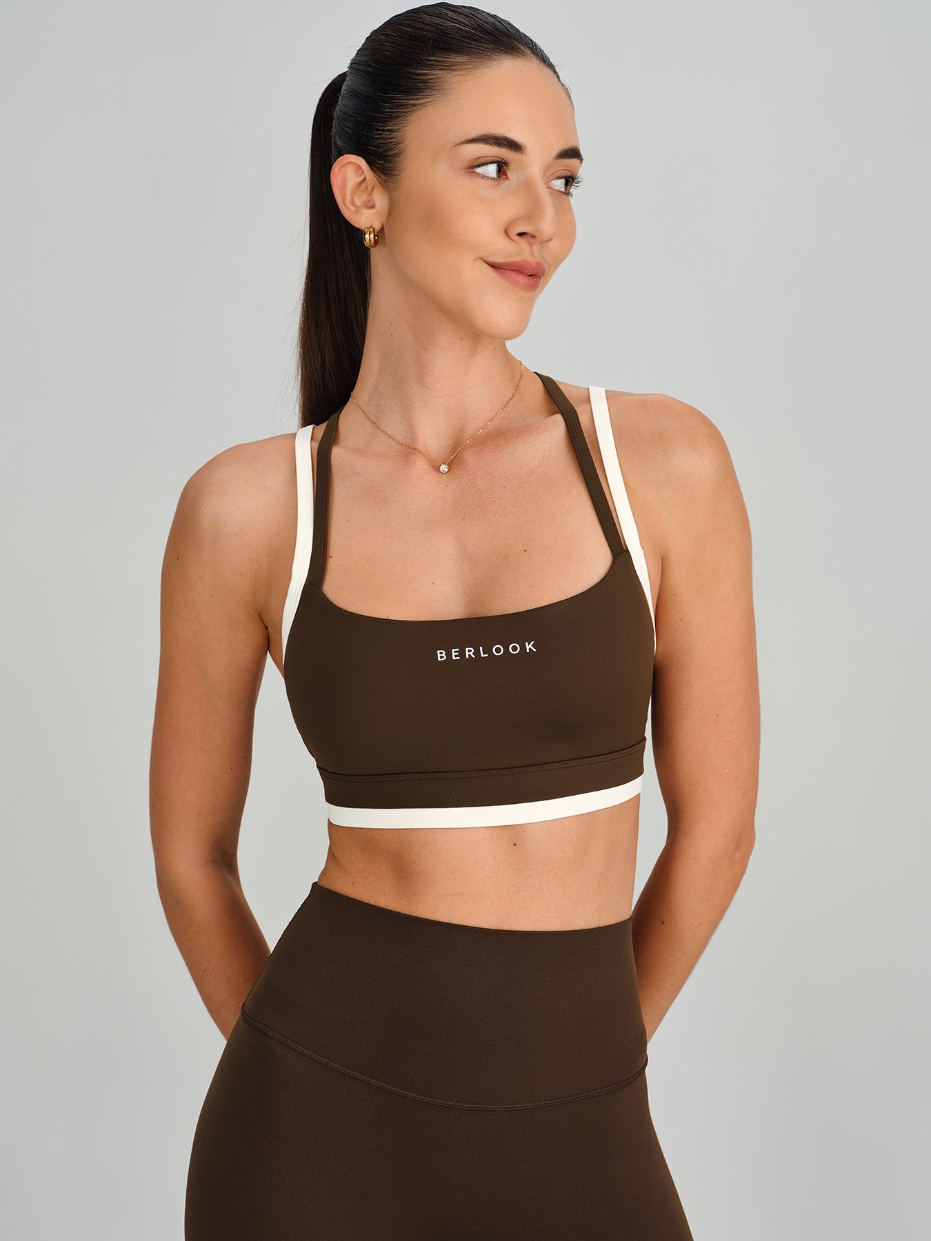 Women's Knitted Nylon Sports Bra Coffee Sustainable Yoga Tops - BERLOOK
