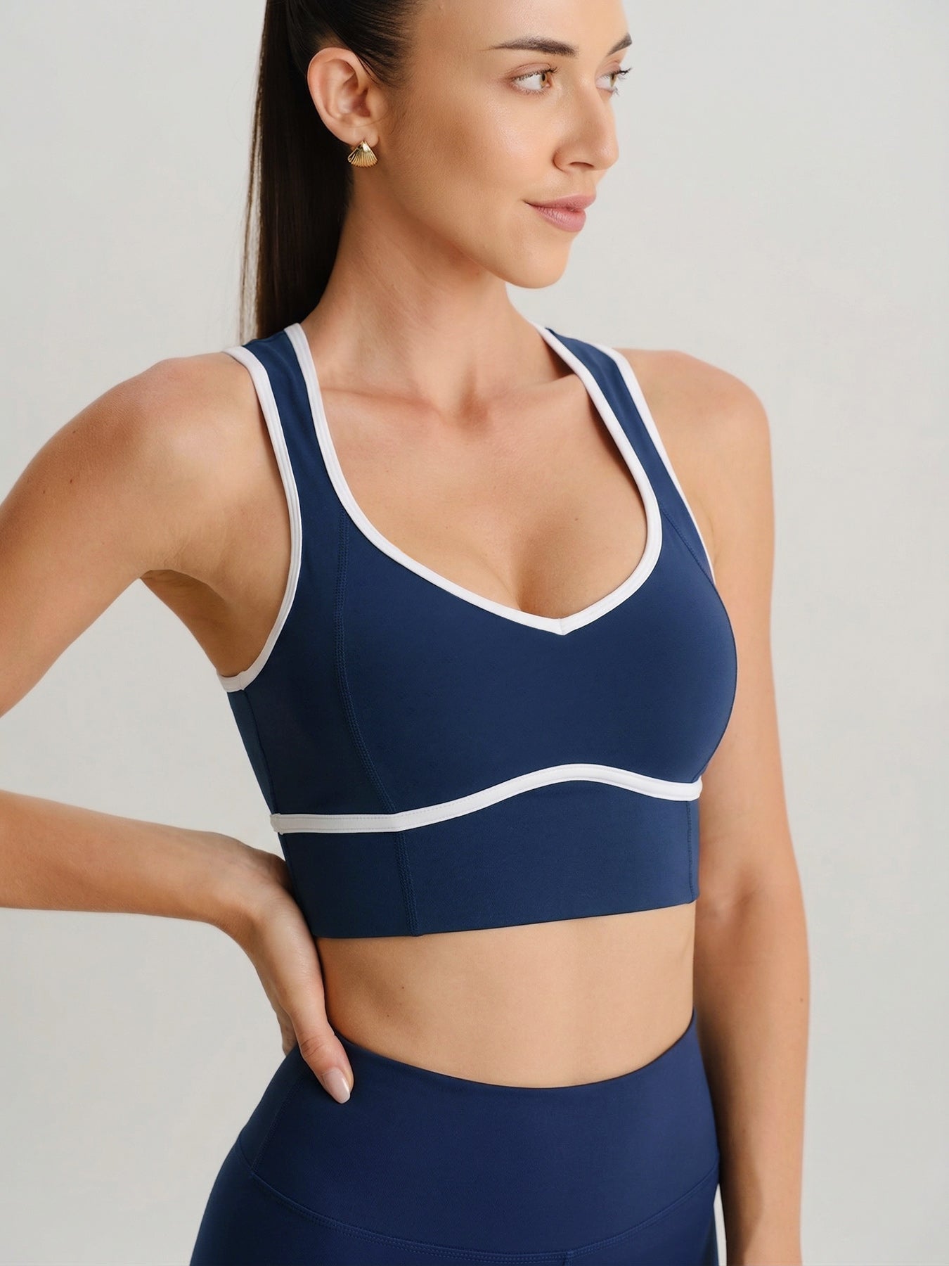 Women's Knitted Nylon Sports Bra Navy Sustainable Yoga Tops - BERLOOK