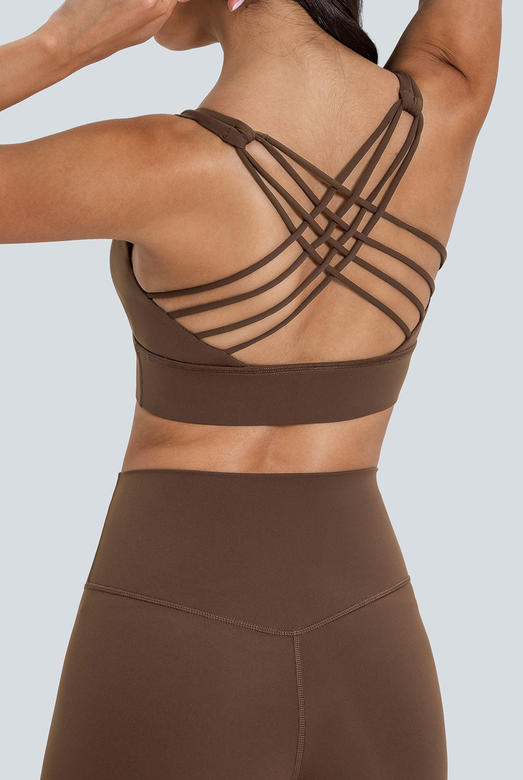 Women's Knitted Nylon Sports Bras Coffee Sustainable Yoga Tops - BERLOOK