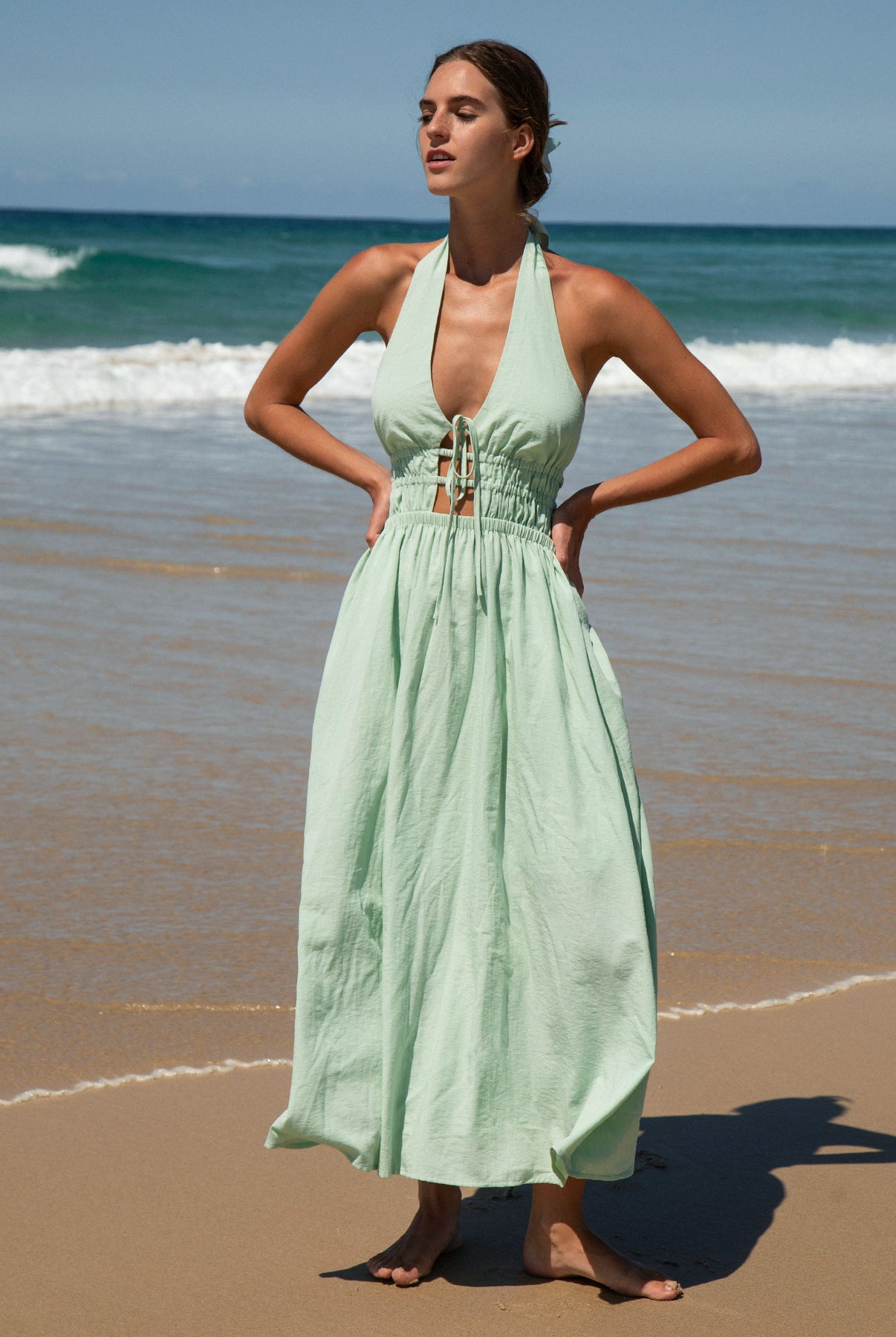 Womens Woven Linen Blended Cover ups Light Green Sustainable Beach Dress - BERLOOK