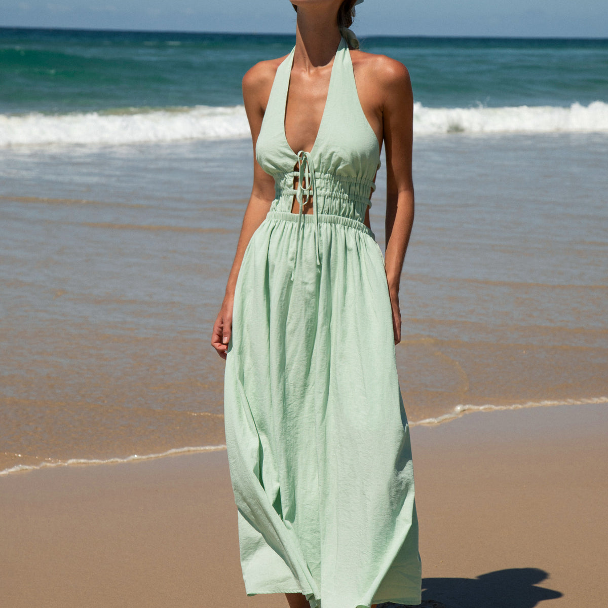 Berlook Linen-Look Tie-Front Smocked Halter Maxi Dress, Light Green / L