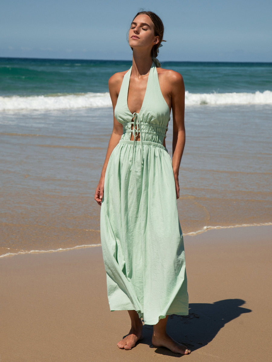 Light Green Cutout Halter Maxi Beach Dress & Reviews