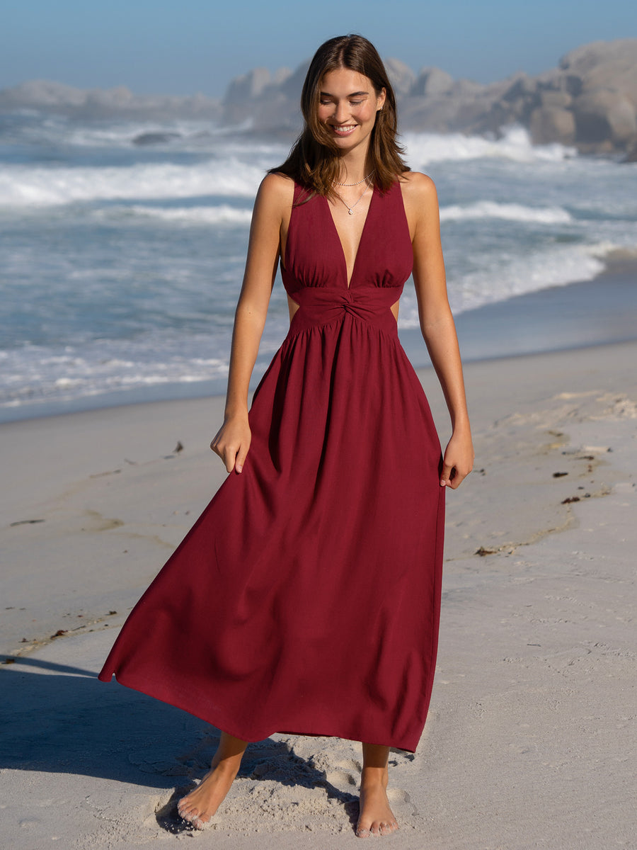 Wine Red V Neck Plaeted Beach Dress & Reviews - Wine Red