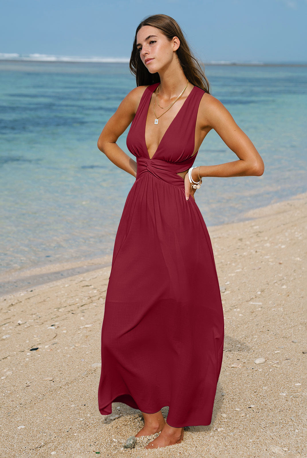Womens Woven Linen Blended Cover ups Wine Red Sustainable Beach Dress - BERLOOK