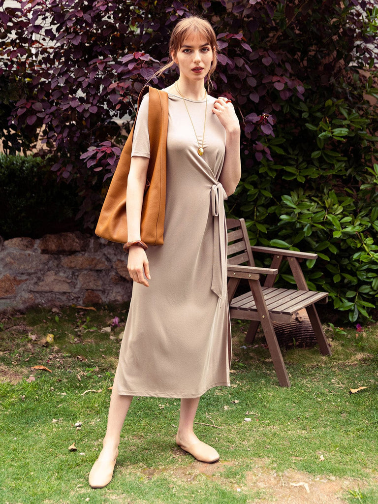 BERLOOK - Sustainable Dresses _ Khaki / S Ribbed Knot TENCEL™ Modal Fibers Tee Dress