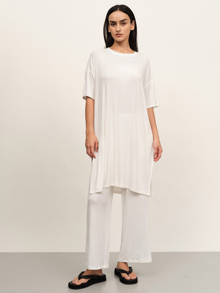 BERLOOK - Sustainable Loungewear Sets _ White / S Solid Ribbed Viscose Sleepwear Set