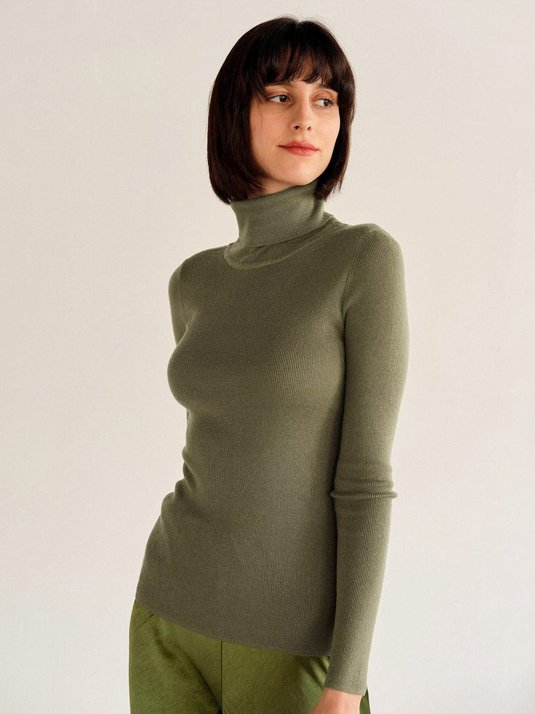 BERLOOK - Sustainable Sweaters & Knits _ Army Green / One Size Turtleneck Long Sleeve Knit Top