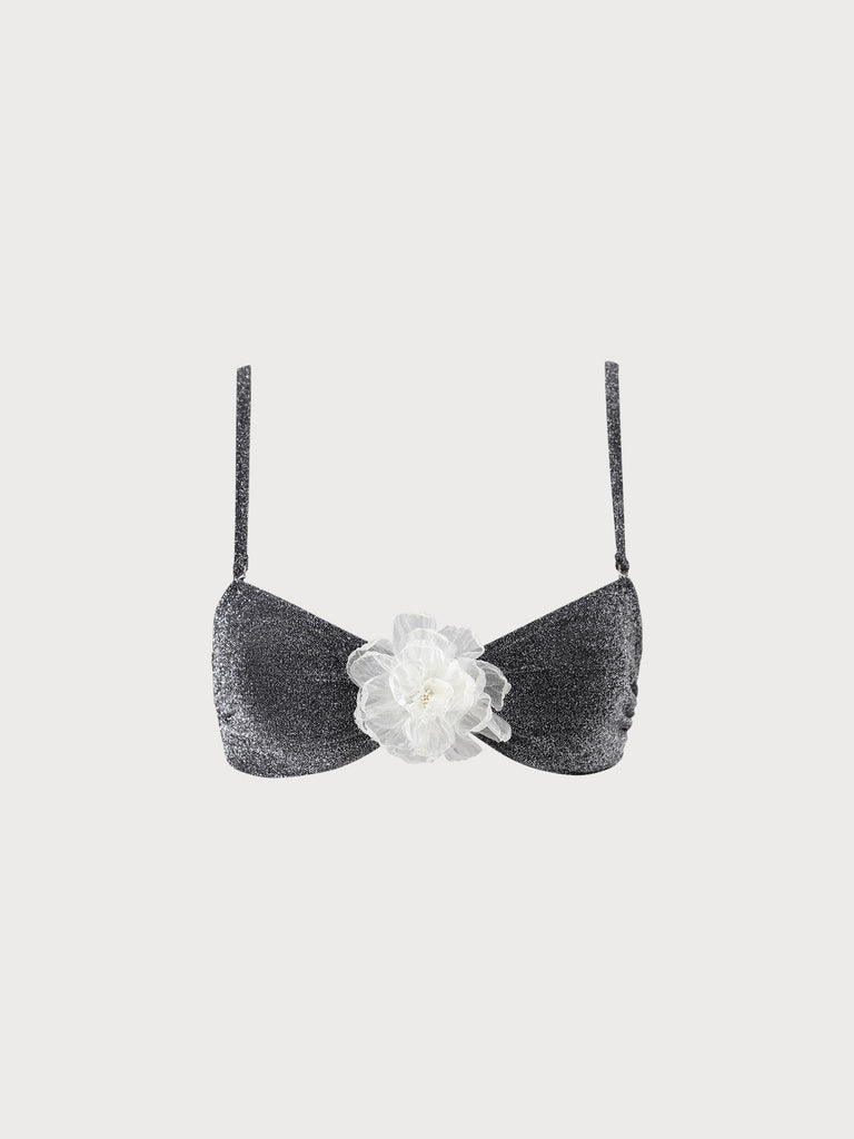 3D Flower Lurex Bikini Top Black Sustainable Bikinis - BERLOOK