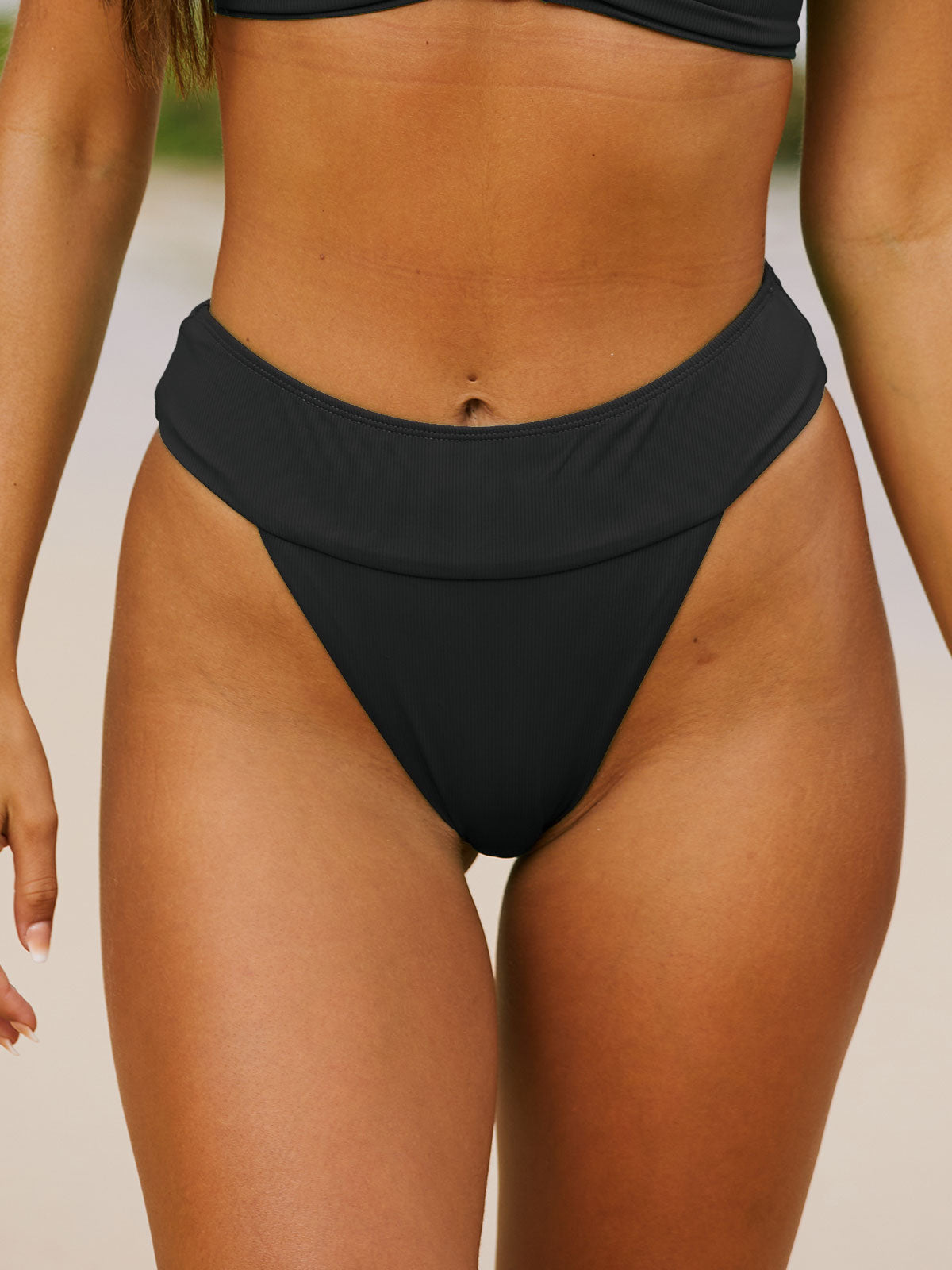 Black Ribbed High Cut Wide Waistband Bikini Bottom