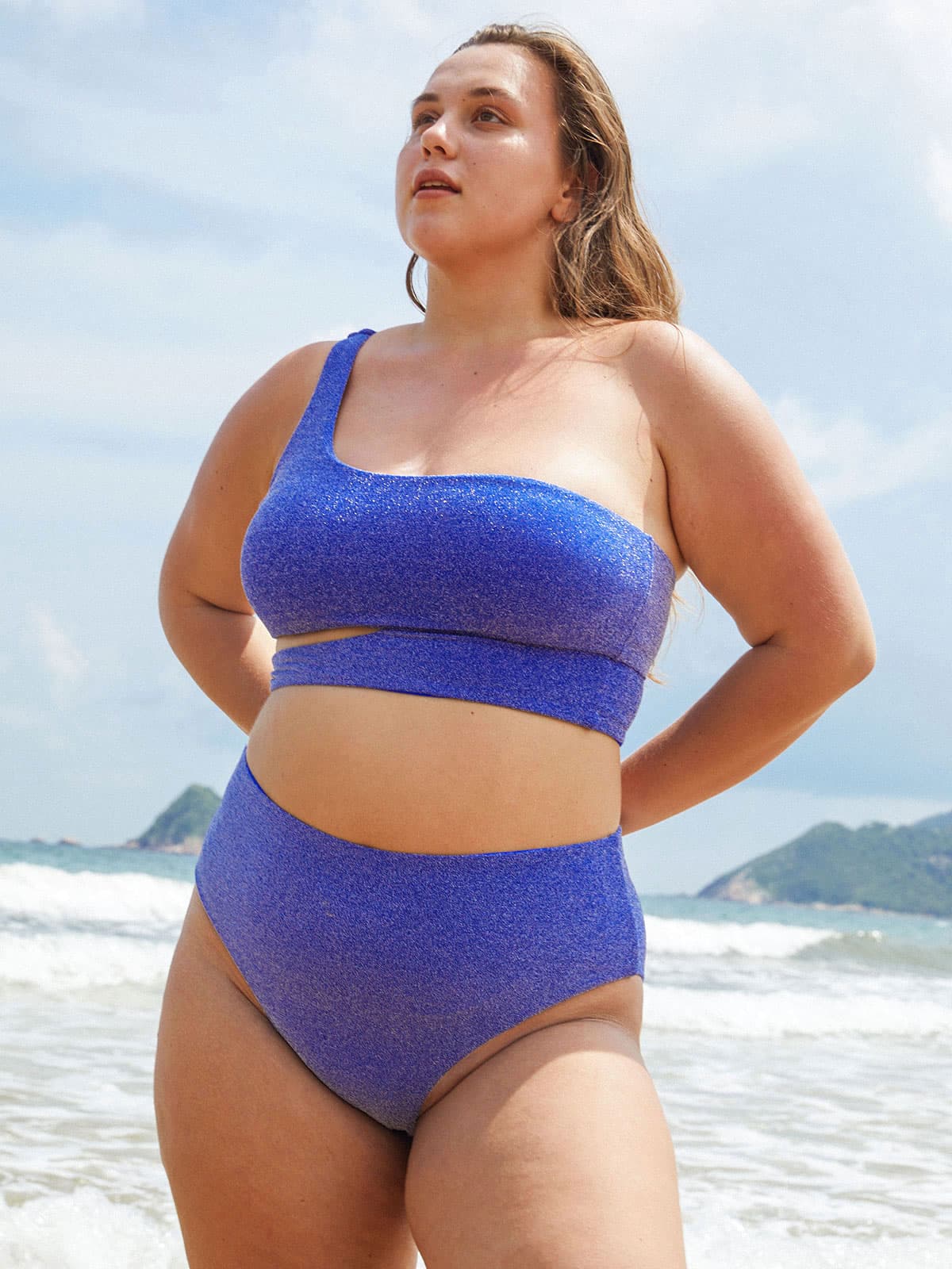 Lurex One Shoulder Plus Size Bikini Top & Reviews - Navy