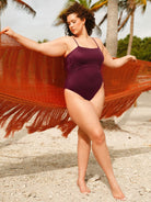 Burgundy Textured Backless Plus Size One-Piece Swimsuit - Plus Size One-Pieces - BERLOOK