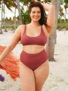 Brick Red Contrast Stitch High Cut Plus Size Bikini Bottom - Plus Size Bikini Bottoms - BERLOOK