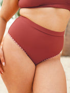 Brick Red Contrast Stitch High Cut Plus Size Bikini Bottom - Plus Size Bikini Bottoms - BERLOOK
