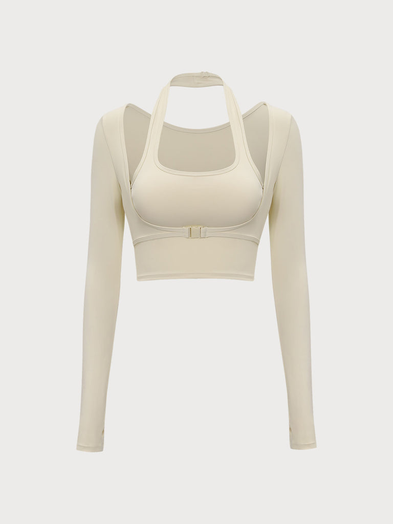 Beige Halter Long Sleeve Top Beige Sustainable Yoga Tops - BERLOOK