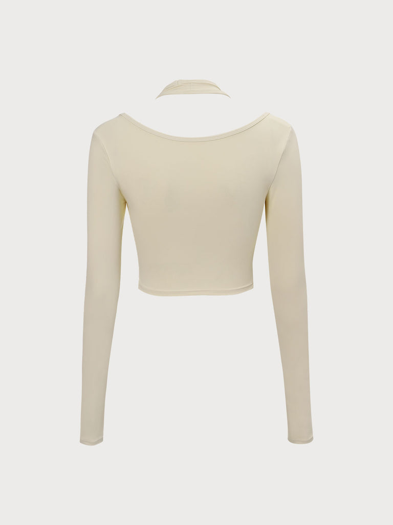 Beige Halter Long Sleeve Top Sustainable Yoga Tops - BERLOOK