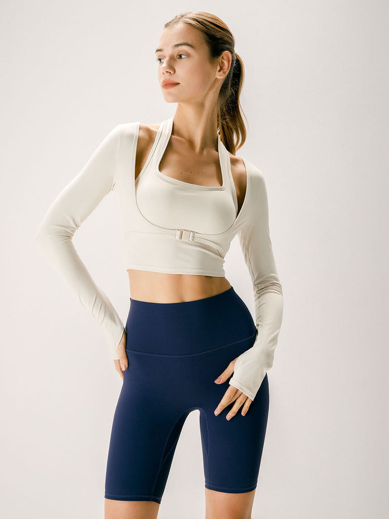 Beige Halter Long Sleeve Top Sustainable Yoga Tops - BERLOOK