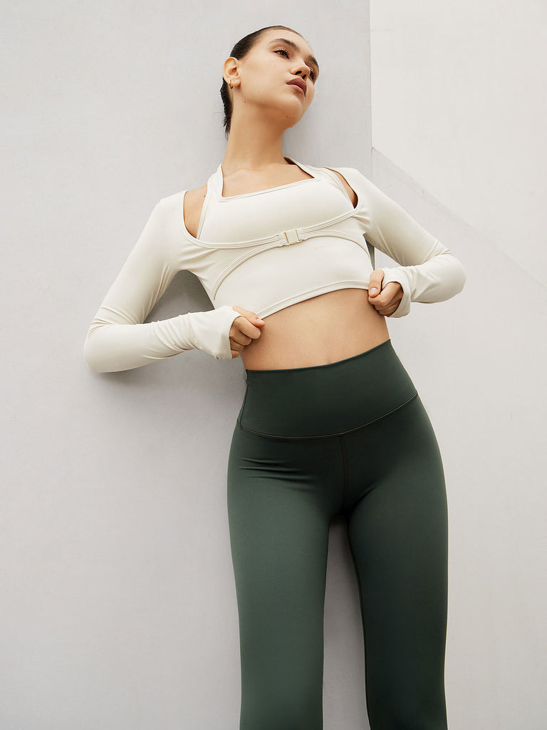 Beige Halter Long Sleeve Top Sustainable Yoga Tops - BERLOOK