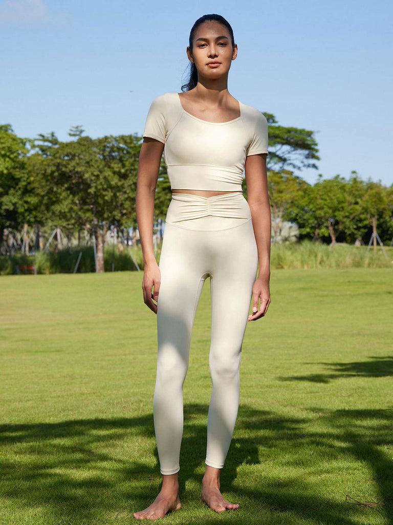 Beige Ruched High Waisted Leggings 25” Sustainable Yoga Bottoms - BERLOOK