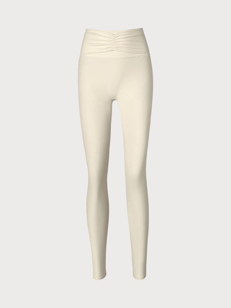 Beige Ruched High Waisted Leggings 25” Sustainable Yoga Bottoms - BERLOOK