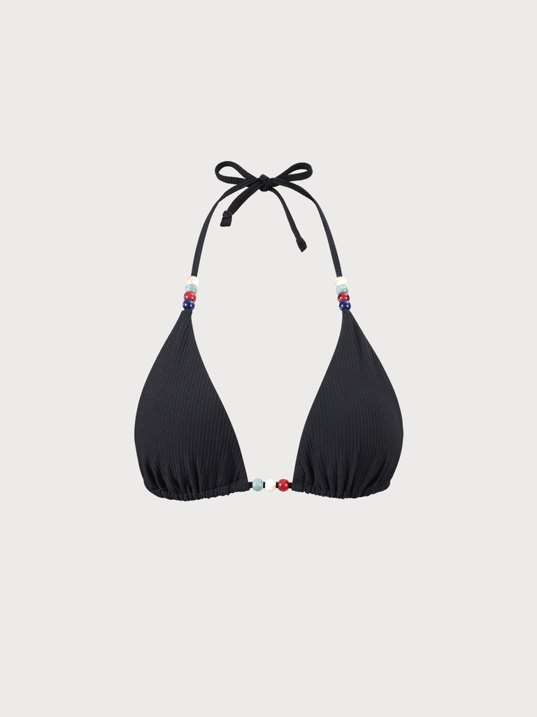 Black Beaded Halter Triangle Bikini Top Black Sustainable Bikinis - BERLOOK