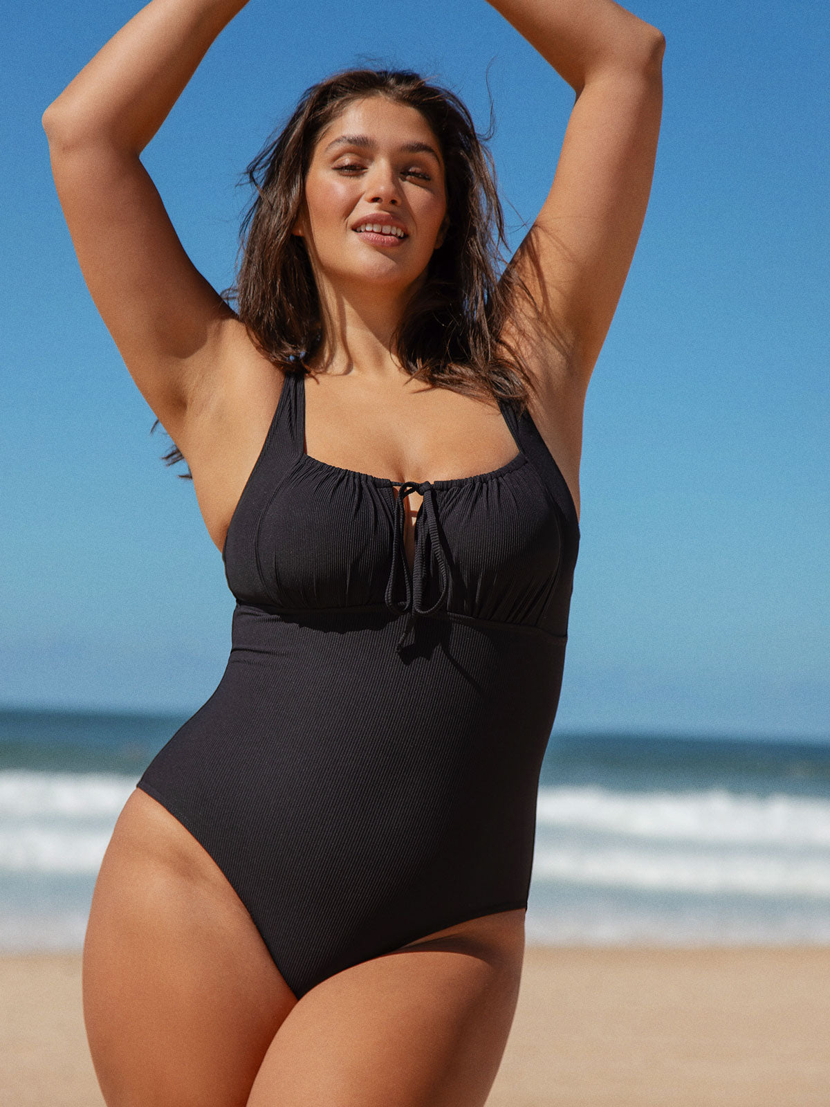 Black Cutout Tie Plus Size One-Piece Swimsuit Sustainable Plus Size One-Pieces - BERLOOK