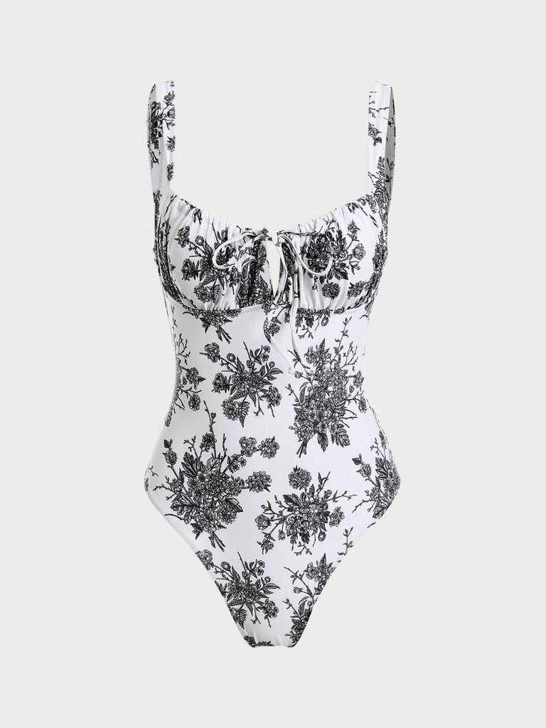 Black Floral Ruched One-Piece Swimsuit Sustainable One-Pieces - BERLOOK