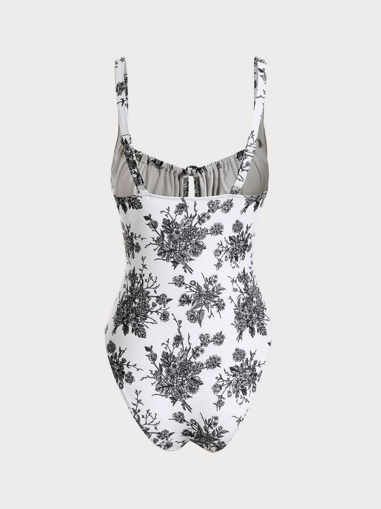 Black Floral Ruched One-Piece Swimsuit Sustainable One-Pieces - BERLOOK