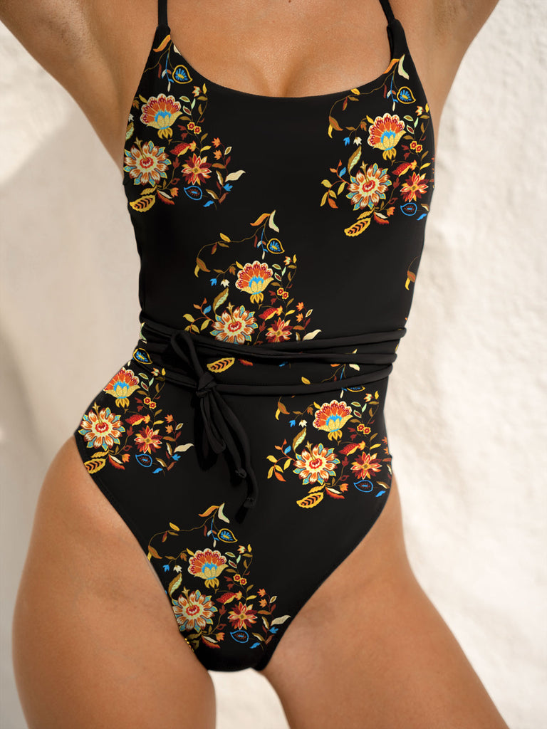 Black Reversible Floral Cross Back One-Piece Swimsuit Sustainable One-Pieces - BERLOOK