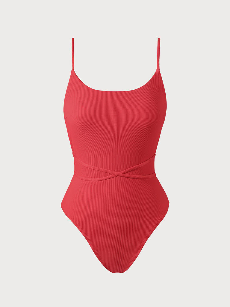 Blue Backless Tie One-Piece Swimsuit Red Sustainable One-Pieces - BERLOOK