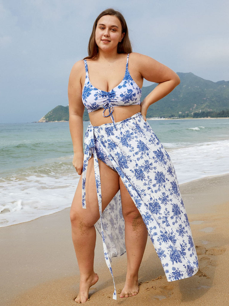 Blue Floral Plus Size Cover-up Skirt Sustainable Plus Size Cover-ups - BERLOOK