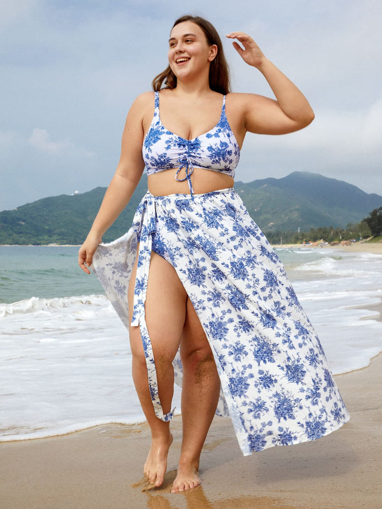 Blue Floral Plus Size Cover-up Skirt Sustainable Plus Size Cover-ups - BERLOOK