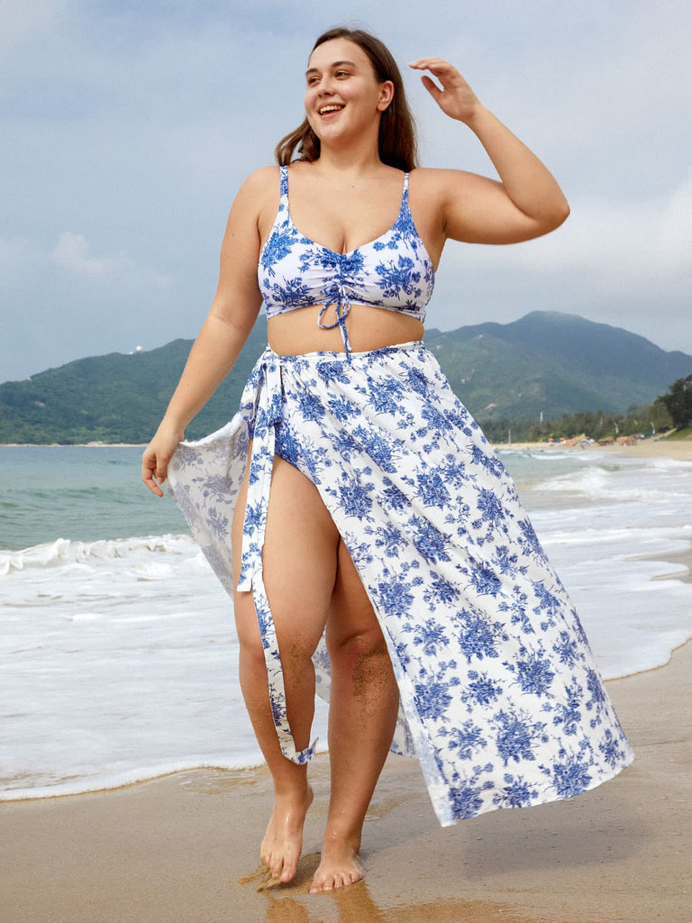 Blue Floral Plus Size Cover-up Skirt Sustainable Plus Size Cover-ups - BERLOOK